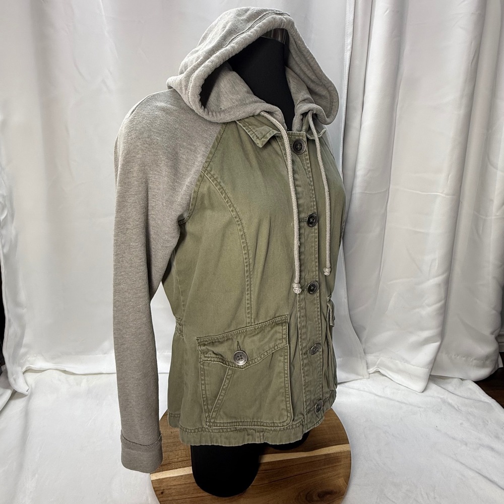 Hollister Women's‎ Army Green Anorak Jacket Gray Sweatshirt Sleeves And Hood - Picture 3 of 10